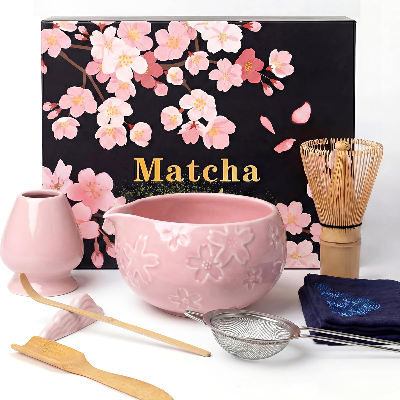 8 pezzi Matcha Kit, Matcha Set tradizionale in ceramica con Frusta Matcha, Ciotola, Cucchiaio, Filtro, Supporto, Kit Matcha completo, Elegante Set per Amanti del Matcha, Rosa