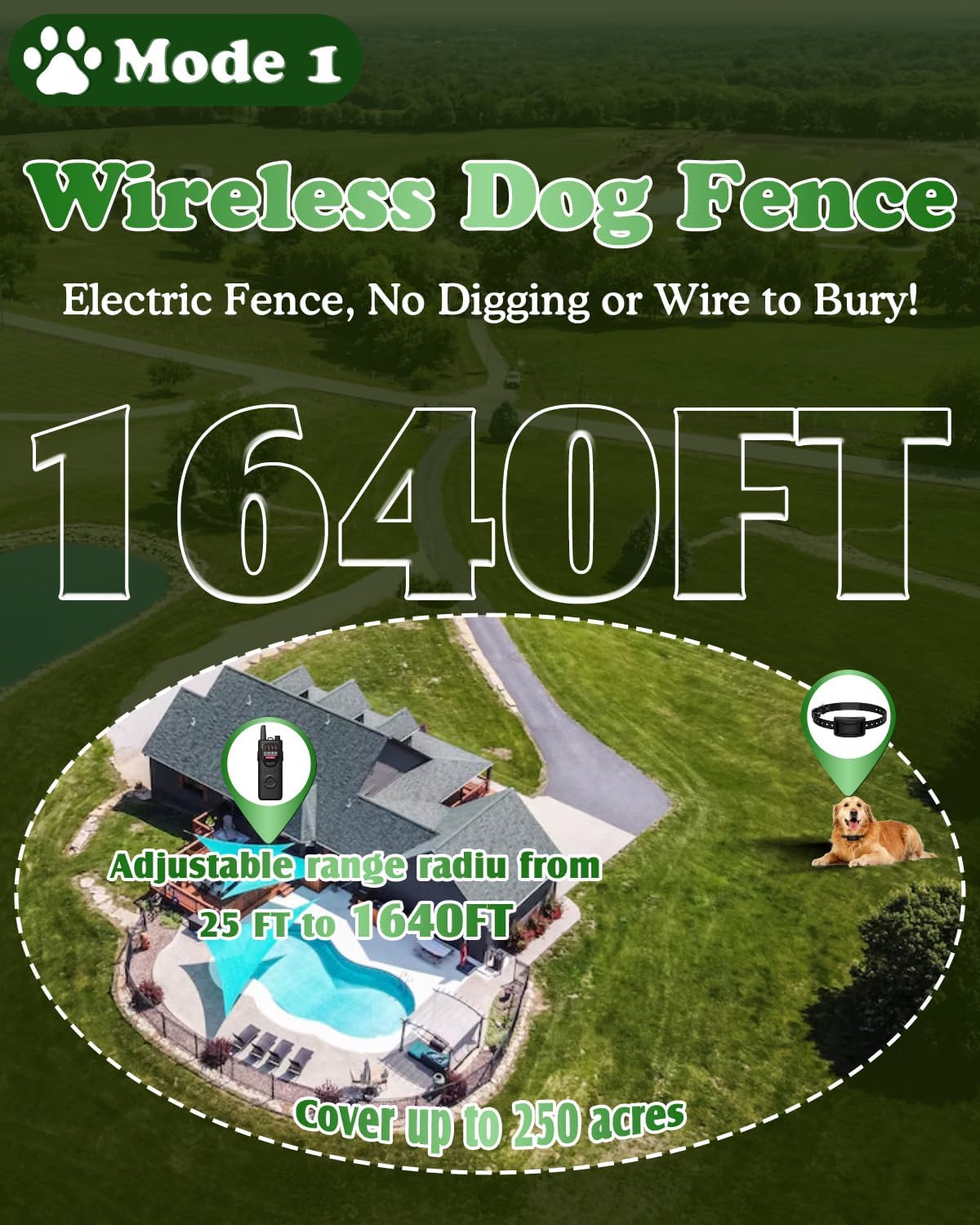 Wireless Dog Fence for 2 Dogs, Electric Dog Fence, Outdoor Portable Pet Containment System with Remote Training Collar, Adjustable Trength and Collar for Big Medium Small Dogs