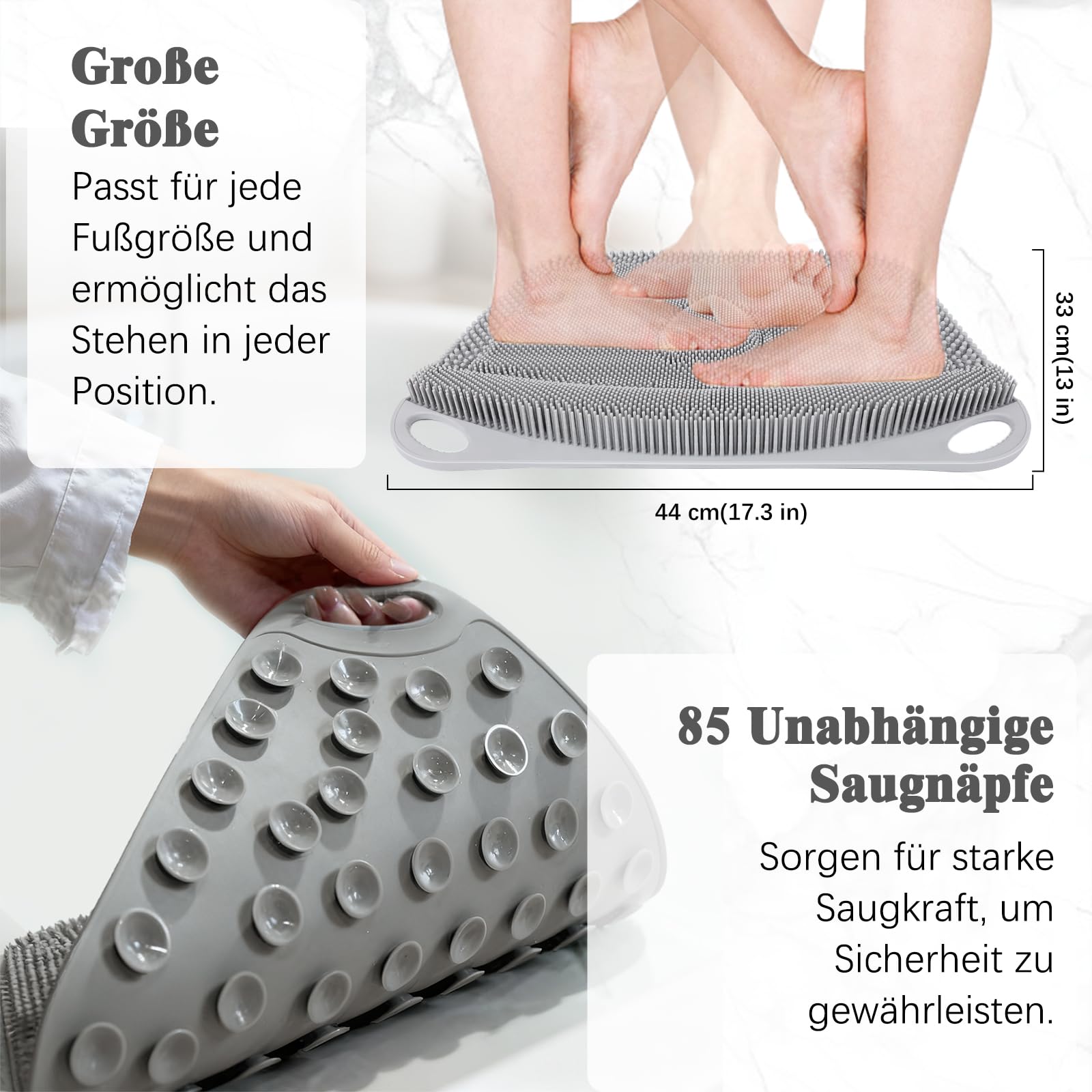 FREATECH Silikon Fußschrubber Matte, Fußbürste Dusche - mit Rutschfesten Saugnäpfen, Duschmatte für Allround Reinigung, Peeling und Massagefunktion, Fördert die Fußgesundheit, Grau, 44 x 33 cm