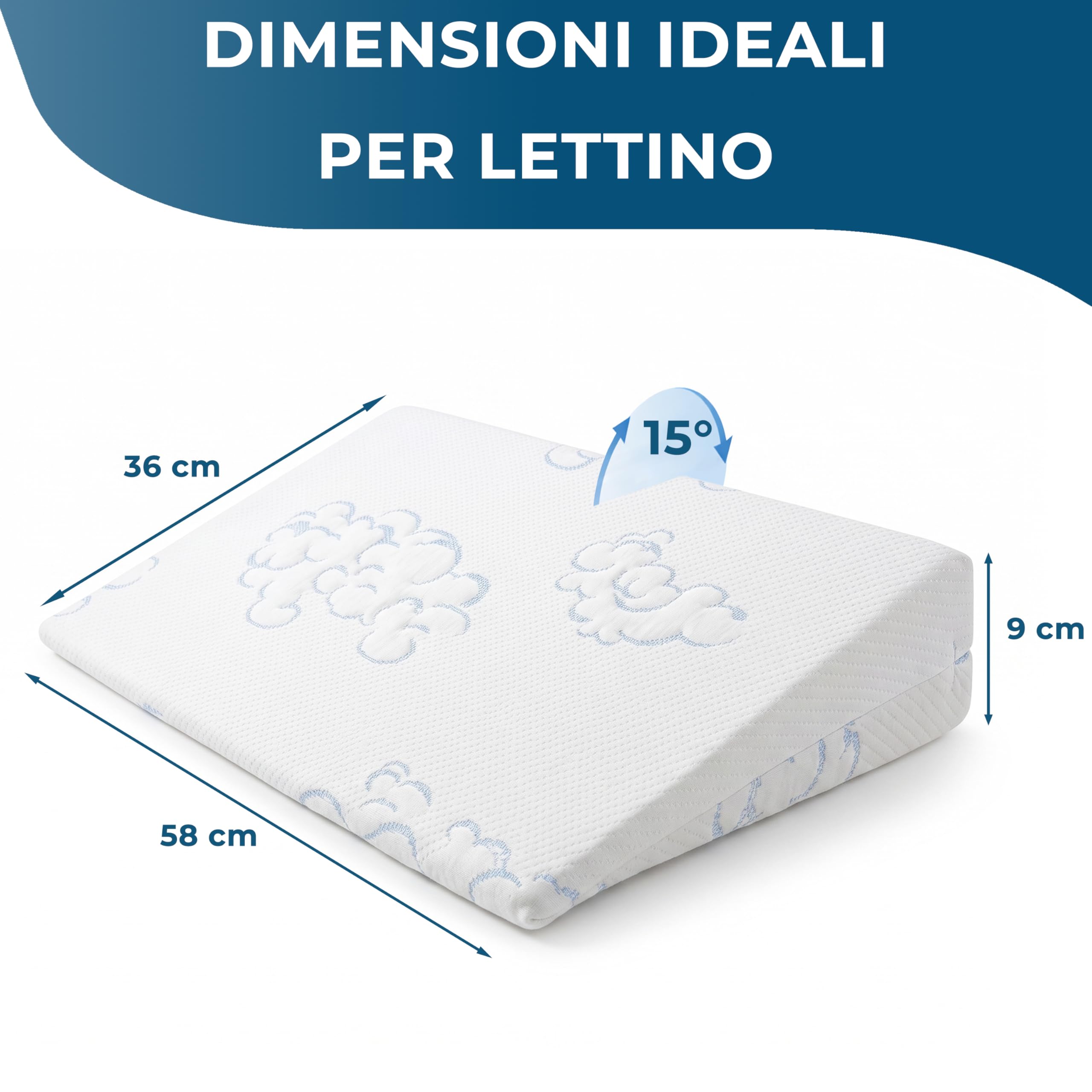 Manami Cuscino a Cuneo, Inclinazione Ergonomica 15°, Sfoderabile e Lavabile, Cuscino Lettino,Traspirante, Made in Italy