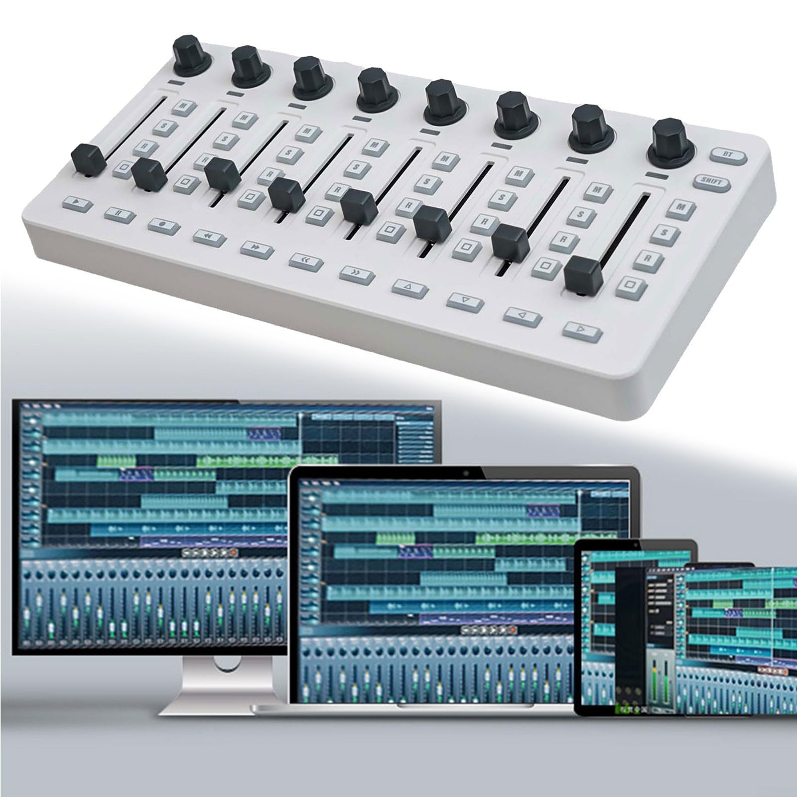 Consola de mezcla inalámbrica para controlador Midi para M-vave con conectividad Bt, fuente de alimentación USB, ocho perillas giratorias de 360 grados y múltiples teclas asignables para creación de