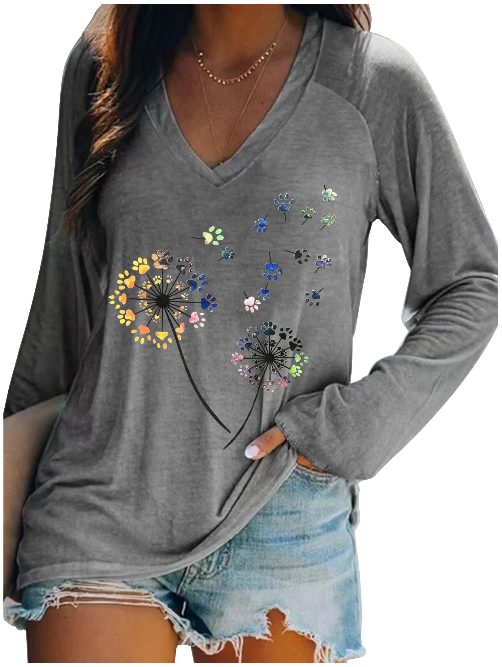 Flowers Graphic Long Sleeve V Neck Tees Shirts for Women Casual Loose Fitted Tshirts Boho Wildflower Trendy Tops Outfits