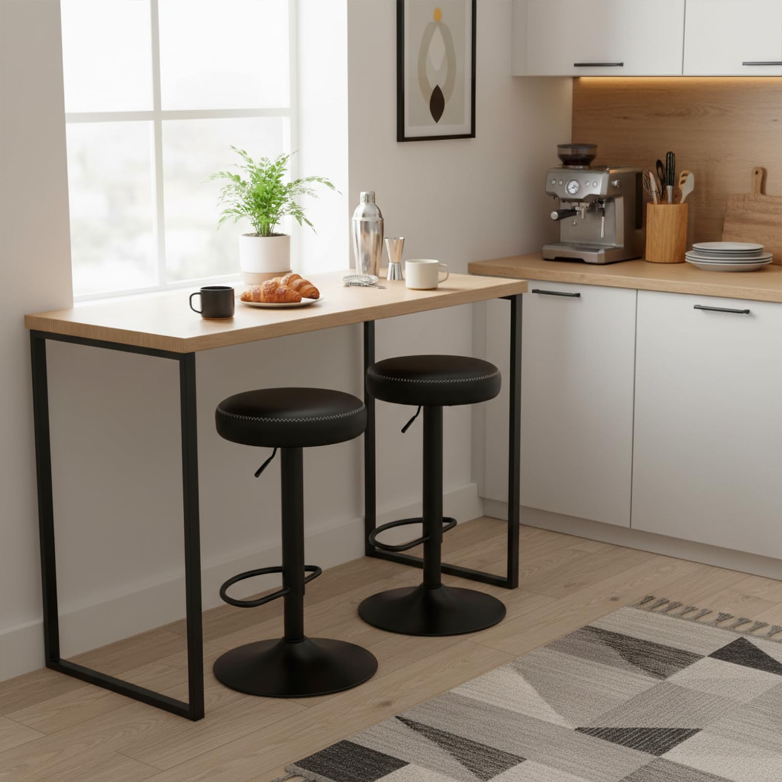 buybyroom Sgabello Cucina, Set di 2 Sgabelli da Bar Regolabili in Altezza con Poggiapiedi, Girevoli a 360°, Senza Schienale, Cuscino 8 cm, per Isola Cucina, Home Bar e Sala da Pranzo, PU, Nero