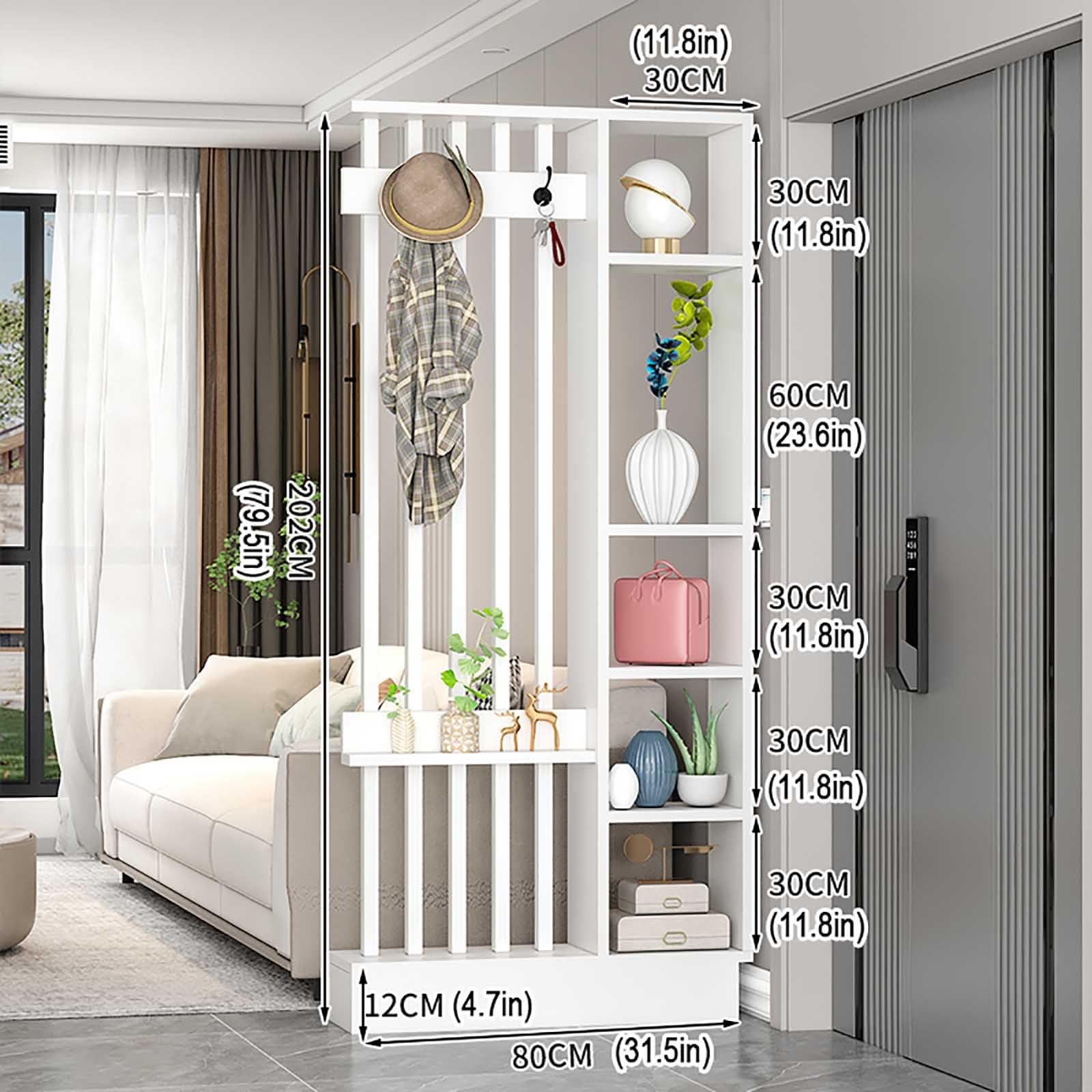 Separador de habitación de madera de suelo a techo con perchero, panel de privacidad de madera maciza, 80 cm, mejora el espacio y la nizat
