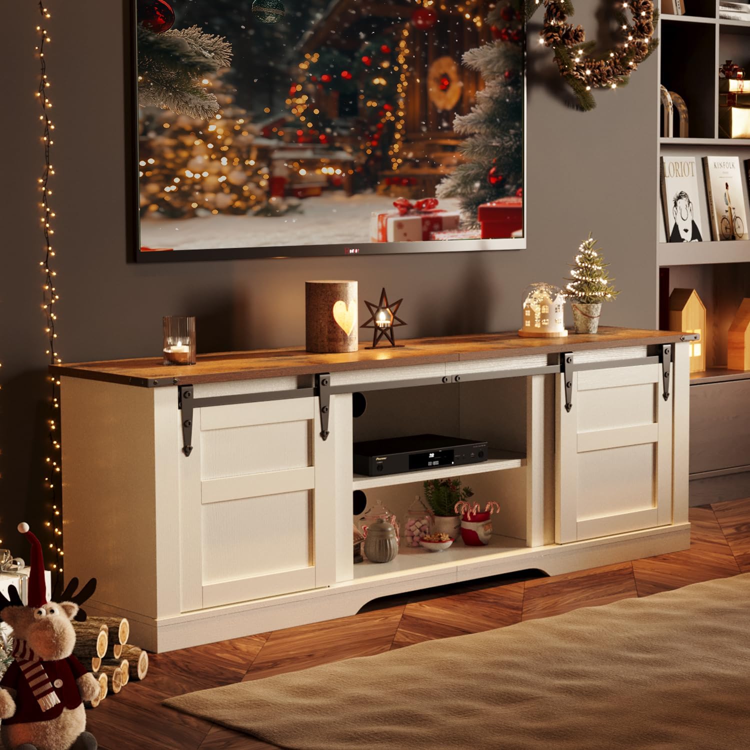 Sonegra 58" Farmhouse TV Stand for 65" TV, Rustic Entertainment Center with Sliding Barn Doors and Storage Cabinets, White Media Console for Living Room and Bedroom