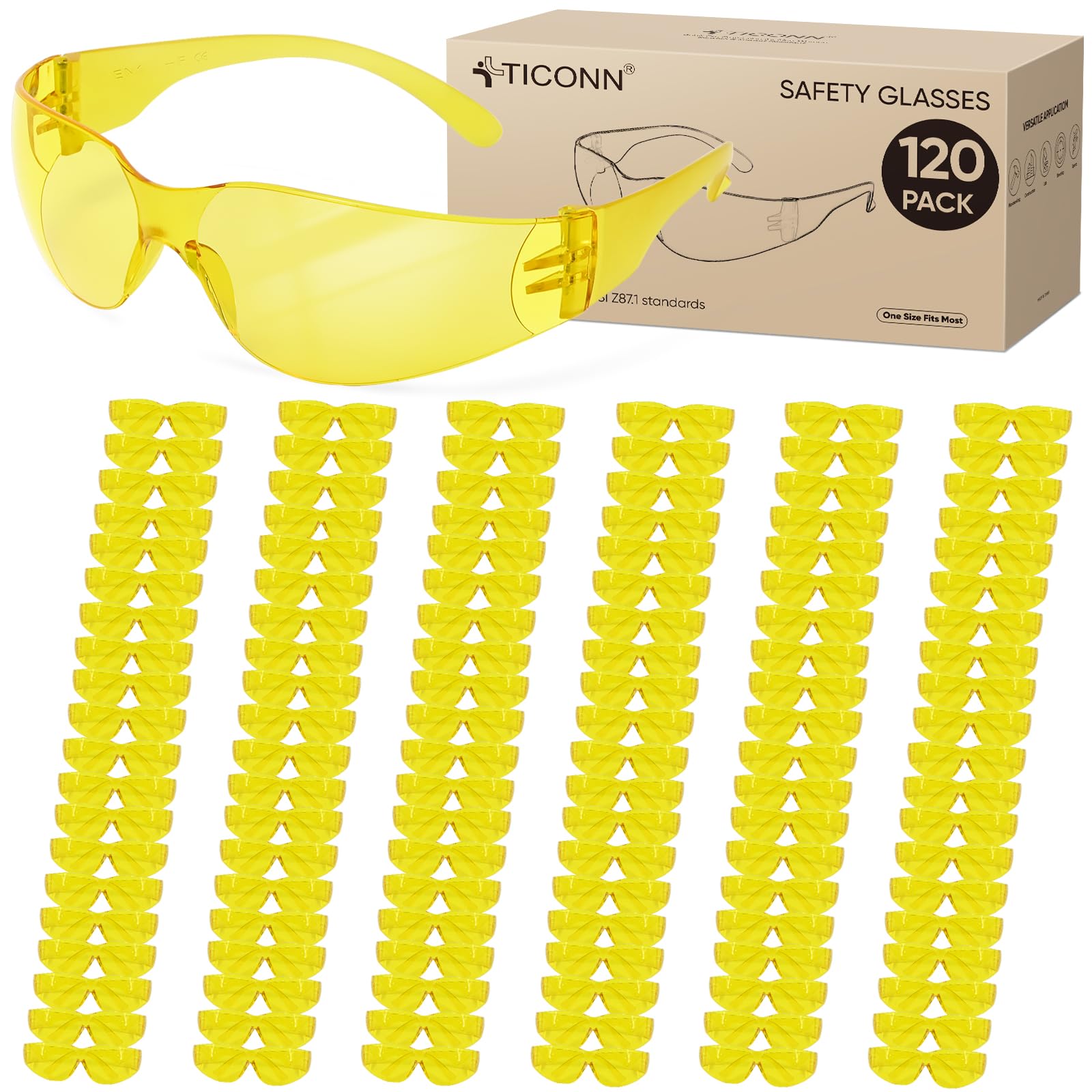 TICONN Transparente Schutzbrille für Herren, kratzfest, stoßfest, entspricht ANSI Z87.1 Standard (Gelb, 120 Stück)