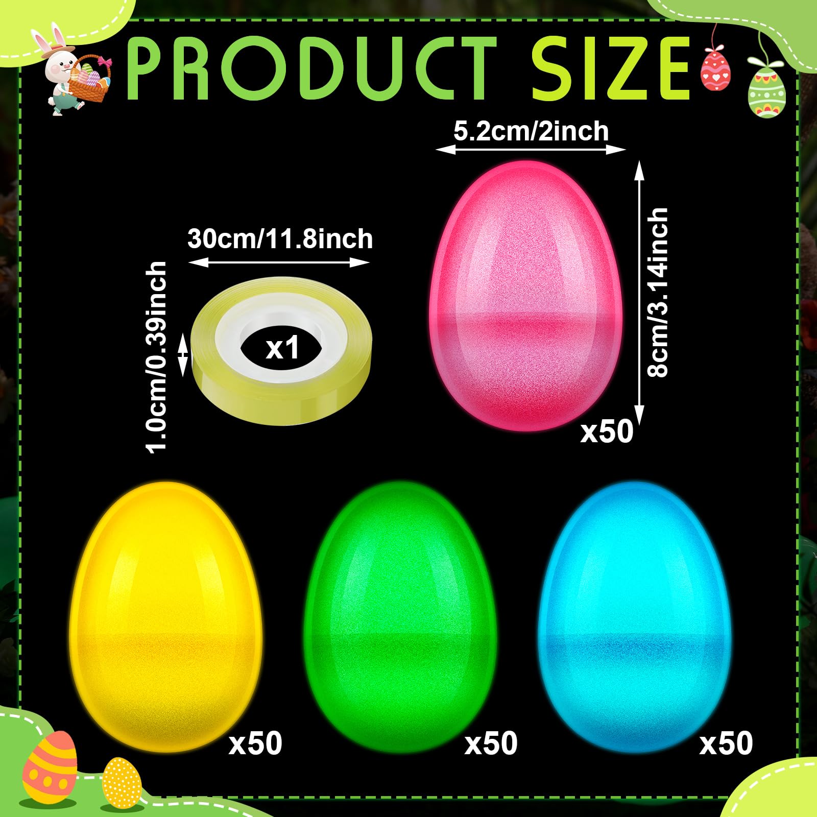 Marsui 200 Pcs Glow in the Dark Easter Eggs 3.15 Inch Easter Eggs with Hinge Plastic Fillable Bulk Eggs Candy Hunt Containers for Party Favors Trick or Treating Candy Box