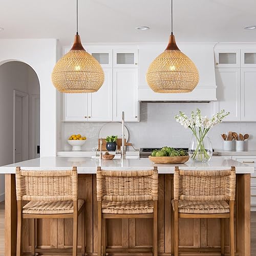 Miniatura 6 de Lámpara colgante de ratán, lámpara de ratán de 15.7 pulgadas, tejida a mano, estilo bohemio, con madera maciza, candelabro de mimbre para comedor,