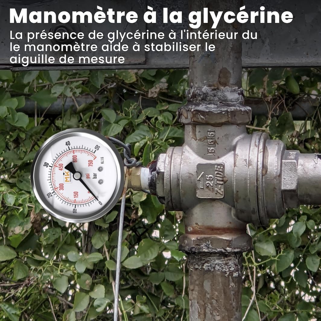 Manómetro glicerina 0-50 bar, conexión 1/4 NPT, carcasa de acero inoxidable con teflón y adaptador 1/4 NPT a 1/4 BSP para probador de compresión, presión de aire, neumáticos, agua, gas.