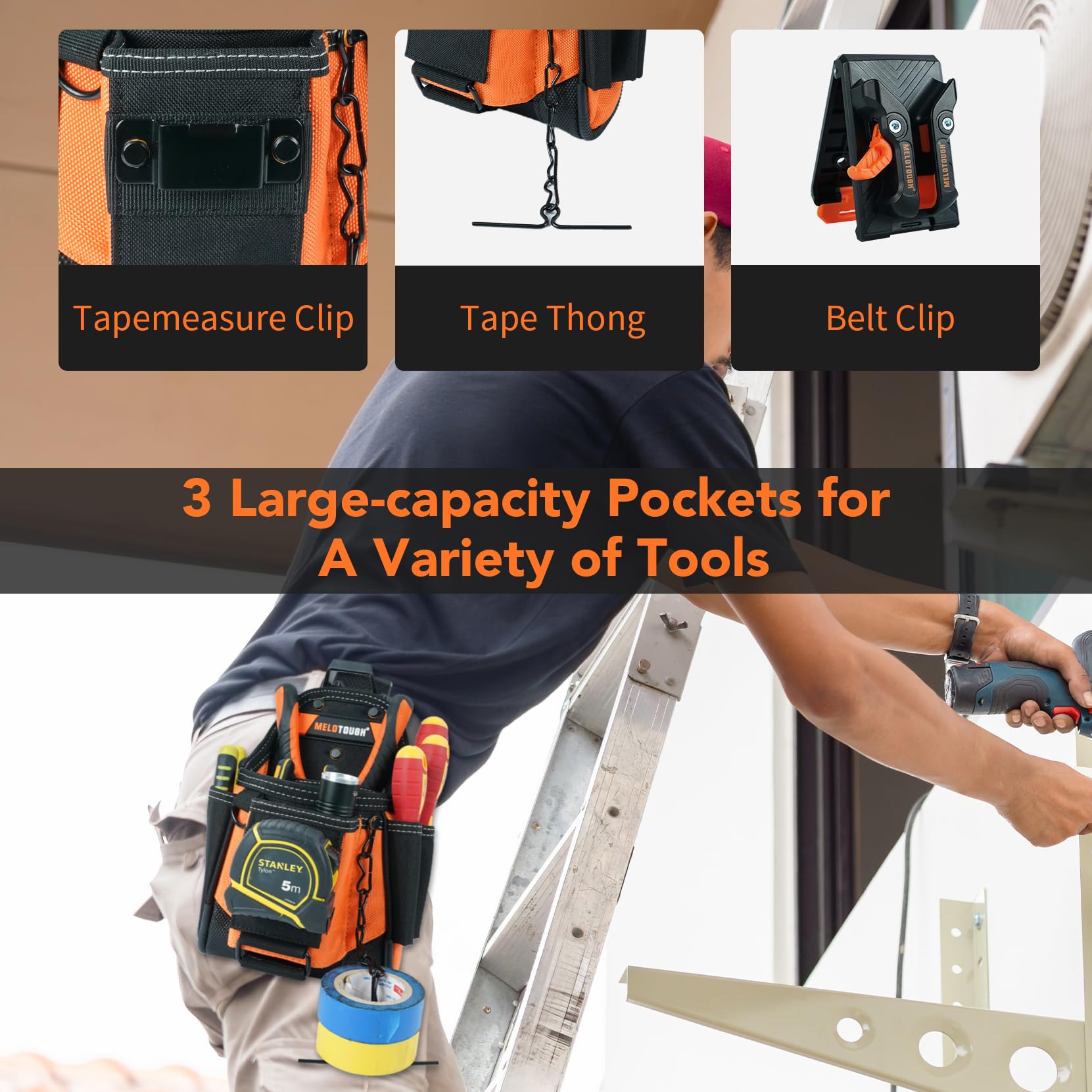 MELOTOUGH Small Electrician Tool Pouch for Tool Belt with Belt Clip Attachment 9 Pockets Tradesman Tool Bag Pouch with Tape Thong Electrician Tool Holster(Orange - Image 4