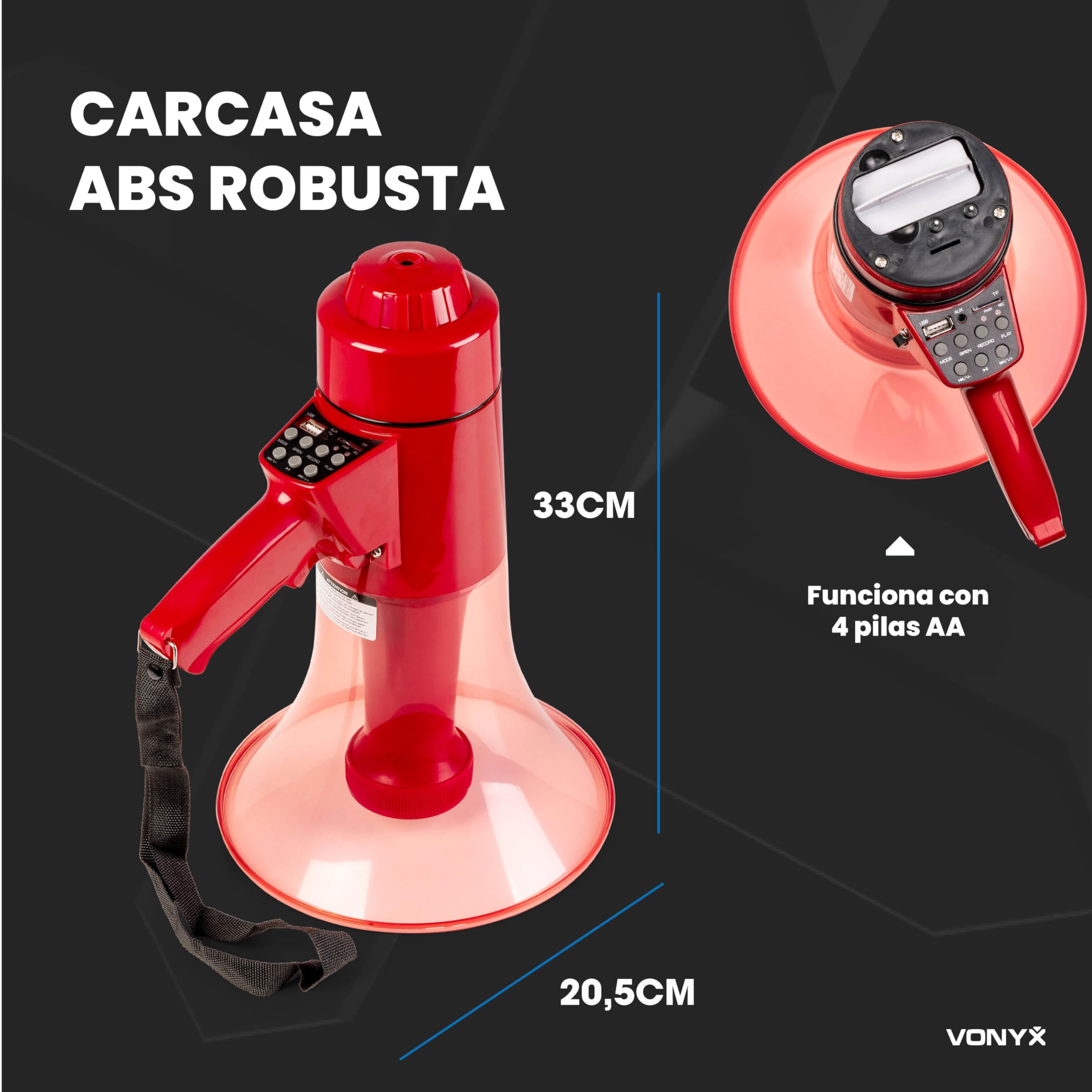 Vonyx MEG050 Megáfono 50W 1000m Alcance Batería Recargable Sirena Micrófono LED Bluetooth MP3 USB SD AUX Rojo
