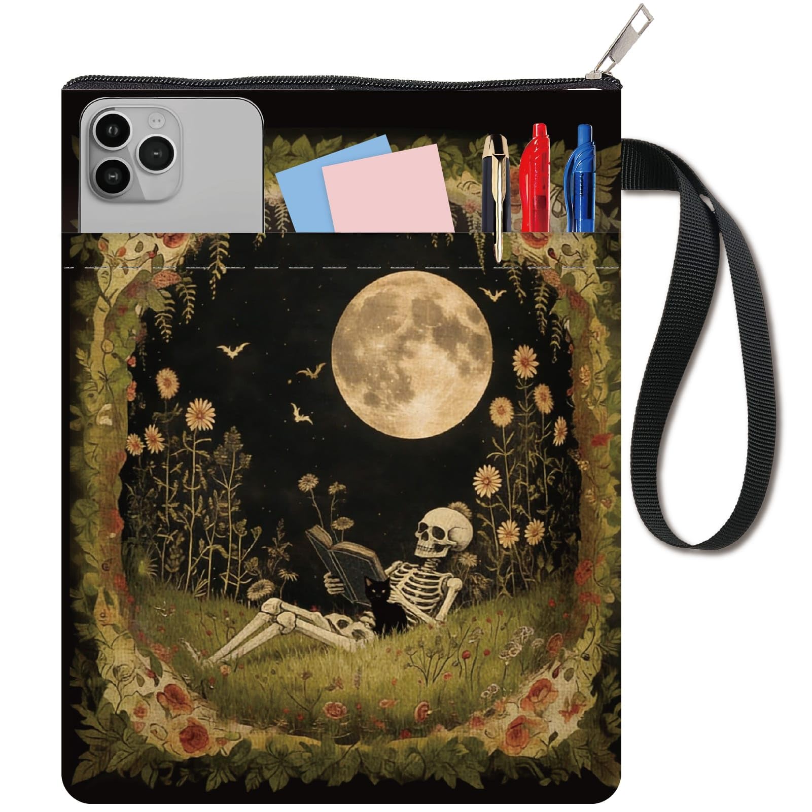CRASPIRE Gothic Book Sleeve Cover Hardcover Sleeve Protector with Handle 11 x 8.6in Zipper Waterproof Washable Skeleton Skull Halloween Pocket Pouch Bag for Paperbacks Hardcover Textbook Book Lovers