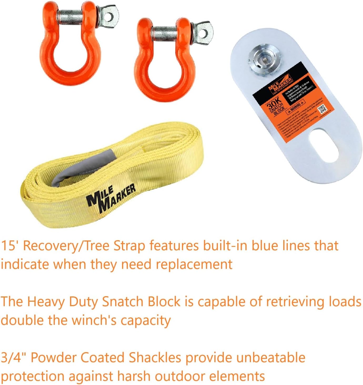 TrendsAuto Pair of Powder Coated 3/4” Shackles with 30,000 lbs Capacity Heavy-Duty Snatch Block & 15’ Recovery/Tree Strap | for Secure Vehicle Recovery | Includes TrendsAuto Decal