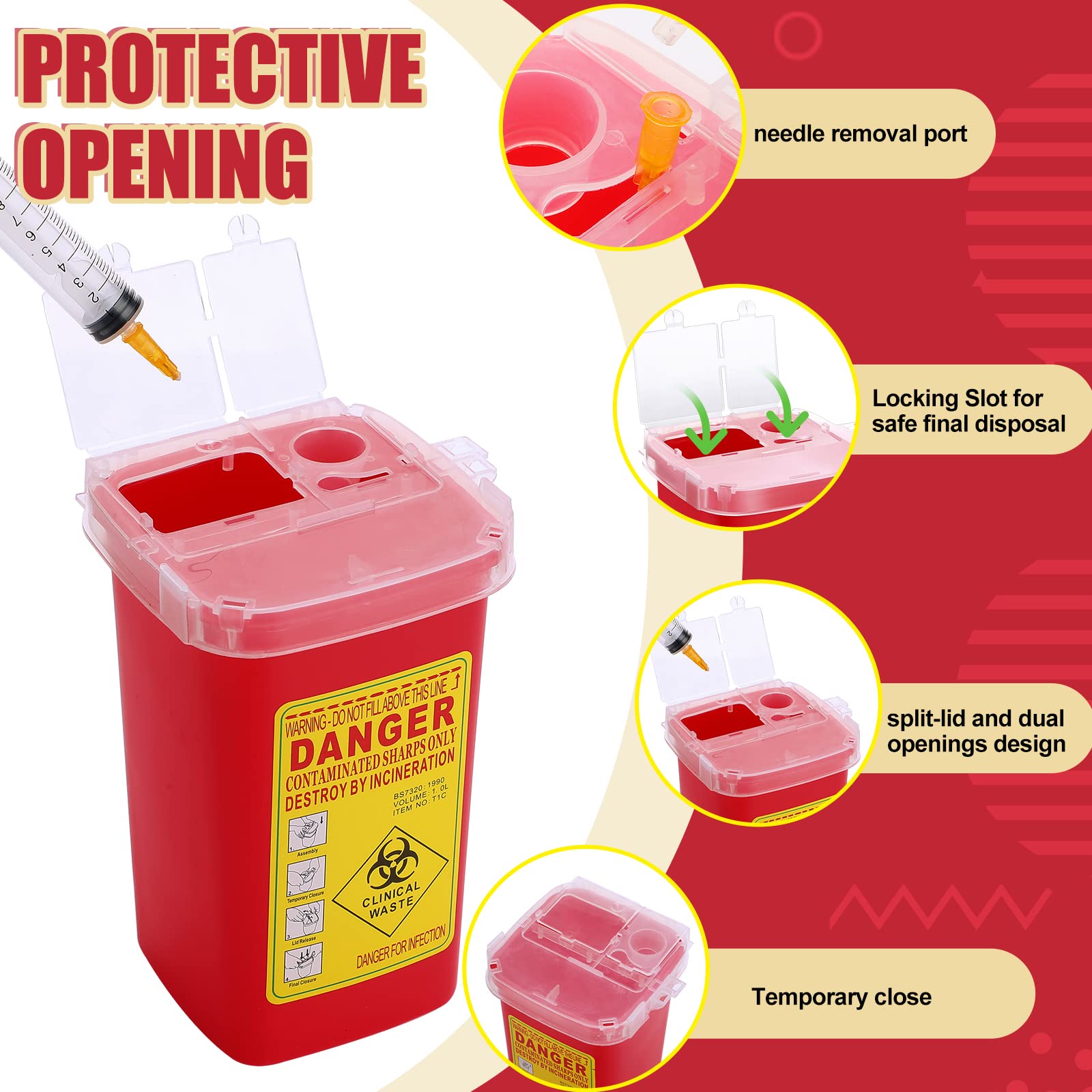 20 Pcs 1 Quart Flip Top Sharps Container Sharps Disposal Container Small Trash Bin Small Portable Container for Tattoo Parlors Use Office Barbershop Home Travel Use, 6" x 4" x 3", Red
