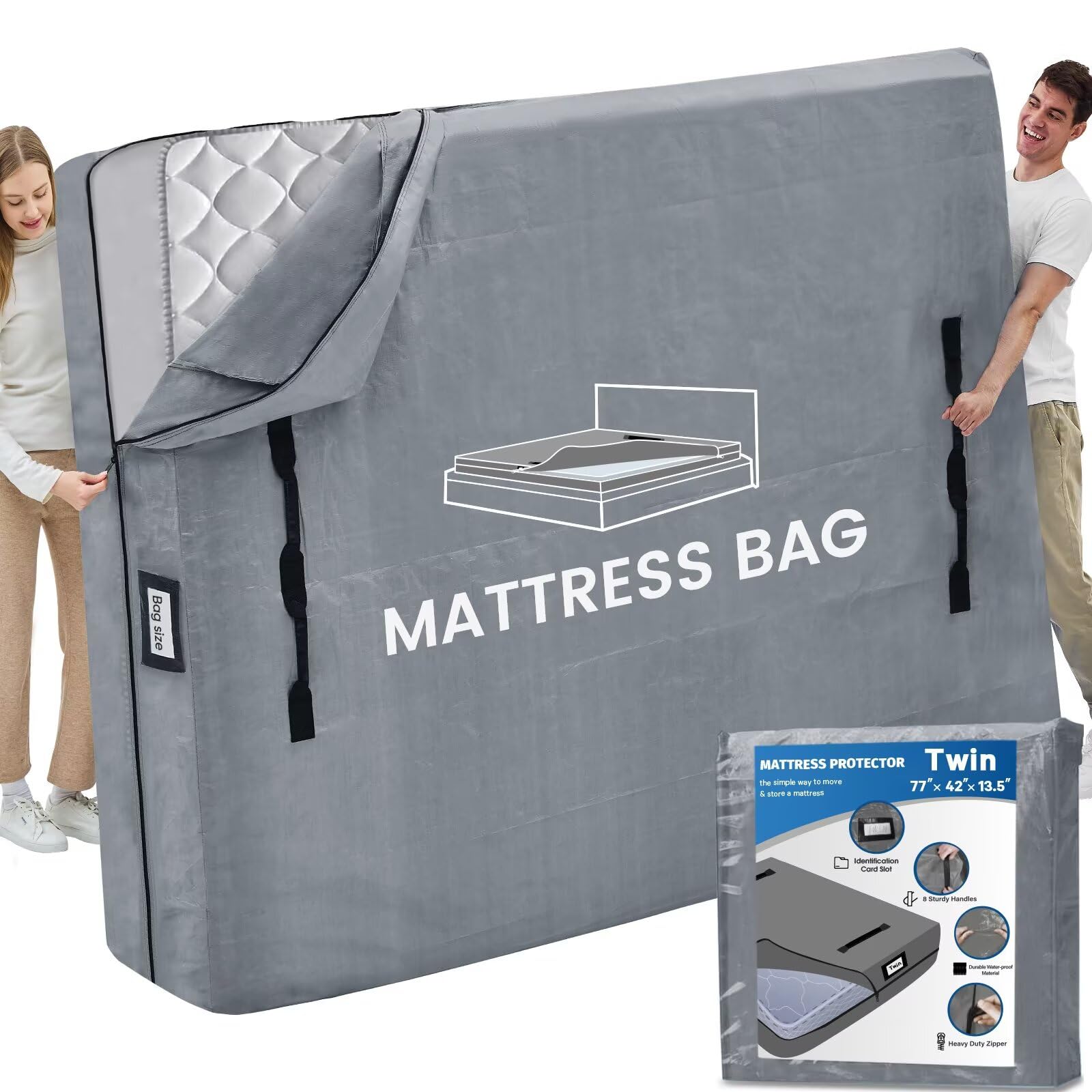 Mattress Bags for Moving and Storage, BETU Twin Mattress Protector Waterproof Mattress Cover with 8 Heavy Duty Handles and Zipper Extra Thick Moving