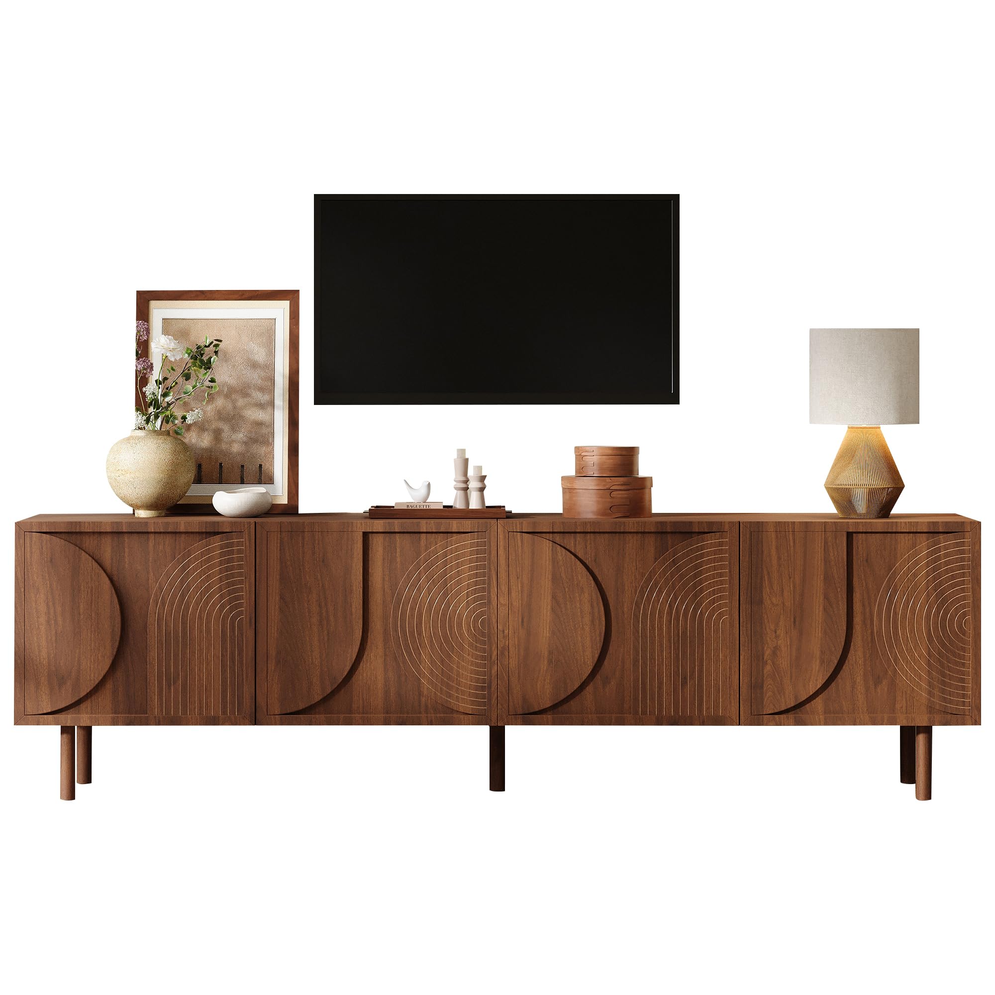 SUKY Mobile TV da 180 cm, mobile basso per TV da 75 pollici, 4 ante, 2 scomparti, moderno, con ampio spazio portaoggetti, design in rilievo 3D, colore legno di noce, 180 x 38 x 56,5 cm