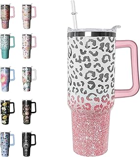 Leopard Print Tumbler 40oz Pink Cheetah Coffee Travel Mug with Handle and Straw Leak Proof Insulated Cup, Animal Print Gifts for Women Fashion Lover Gifts Accessories