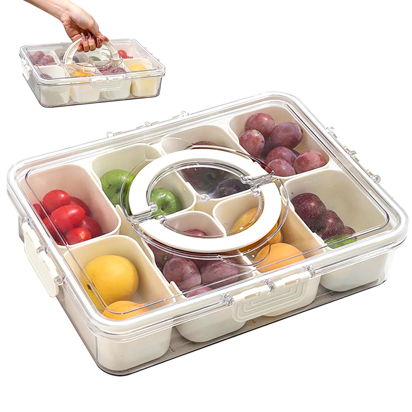 Snack Box Divided Serving Tray with Lid and Handle, 8 Compartment Square Snack Container, Ideal for Vegetables, Fruits, Snacks Organization, and Food Storage