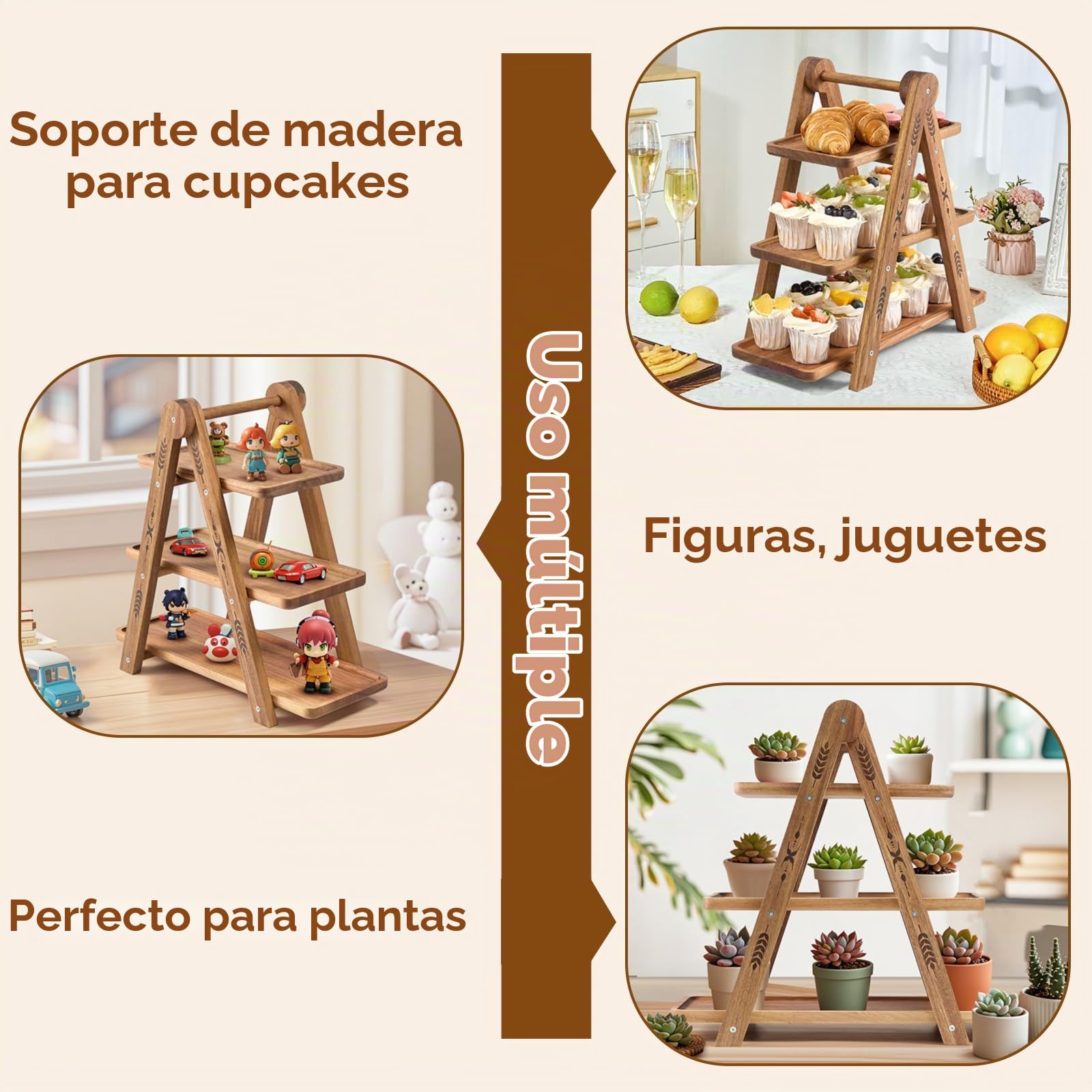DUJUST Porta Tartas de Madera para 24 Cupcakes, Soporte Tarta de 3 pisos con Superficie de Grado Alimenticio, Soporte para Cupcakes para comida y juguetes, Fácil de Instalar - plegable