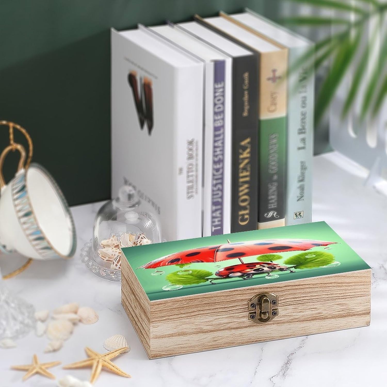 Funny Ladybug Holding Umbrellas Wooden Box Sturdy Vintage Storage Box with Hinged Lid Exquisite Wood Keepsake Boxes Large Jewelry Case Cute Trinket Holder Unique Gift for Men Women image 4