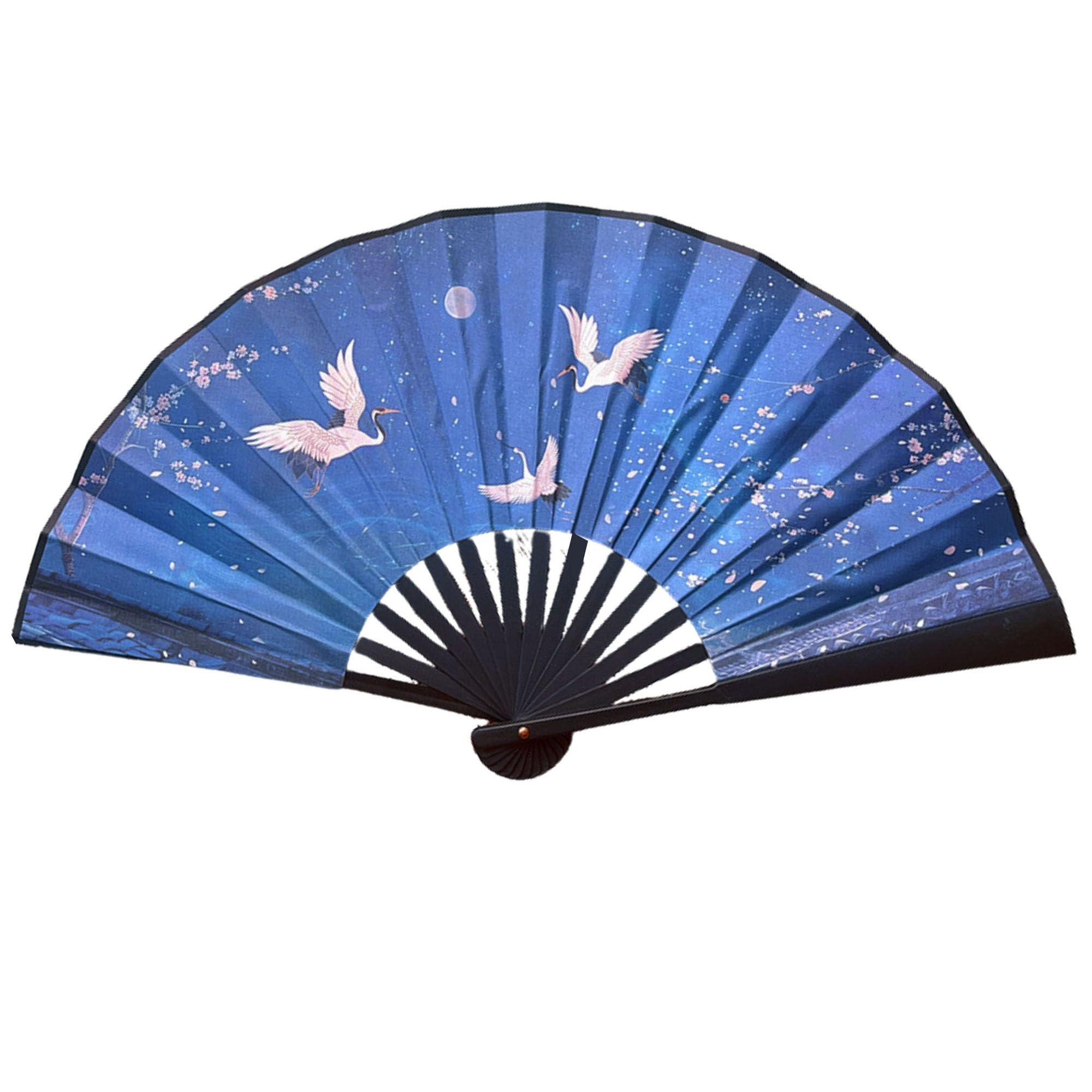 GFM® Extra Large Double Sided Wooden Folding Fan Wall Hanging Decoration, Dance Performance, Home Decoration Ornament (Heron Blue Sky)(FAN-F500-15)