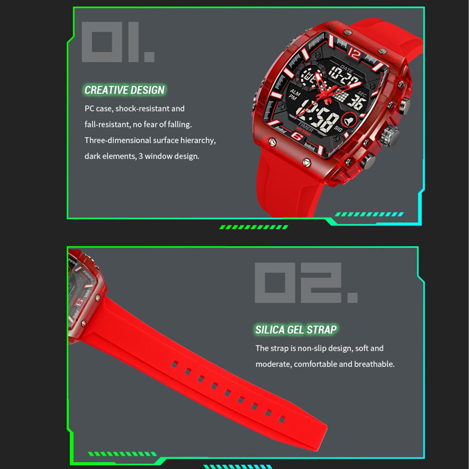 Reloj militar táctico deportivo para hombre, cronómetro de gran esfera 5 ATM, alarma retroiluminada, reloj de pulsera para exterior analógico digital, naranja, correa