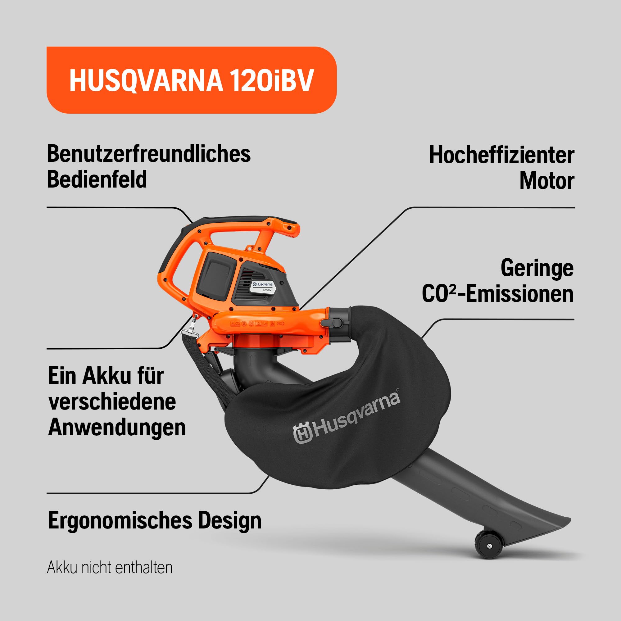 Husqvarna 120iBV - Soffiatore a batteria senza fili, 36 V, batteria e caricabatterie, 10 N, potenza di soffiaggio regolabile, senza spazzole, silenzioso e leggero, per la cura del giardino