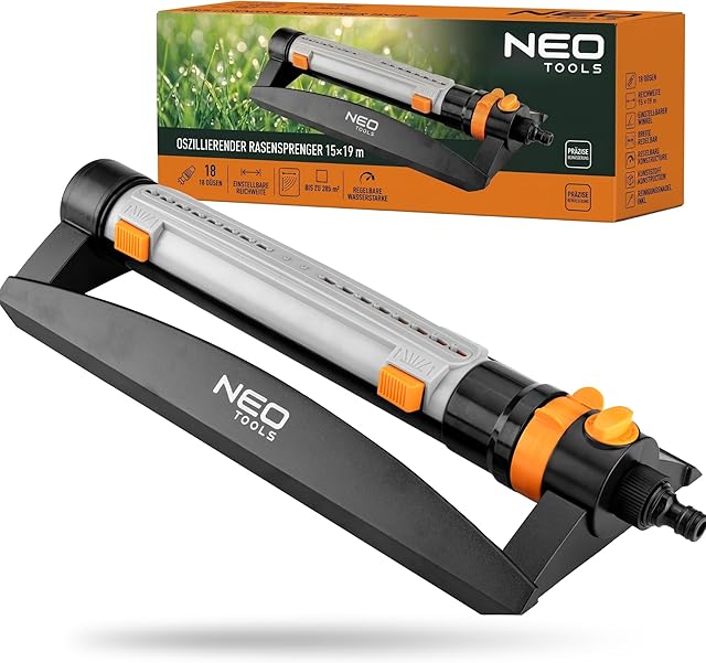 NEO TOOLS NEO TOOLS Viereckregner Oszillierend, Rasensprenger 15x19m bis 285 m2 Reichweite, 18 Auslassdüsen, Einstellbare Breite & Winkel, Inkl. R — Rasensprenger