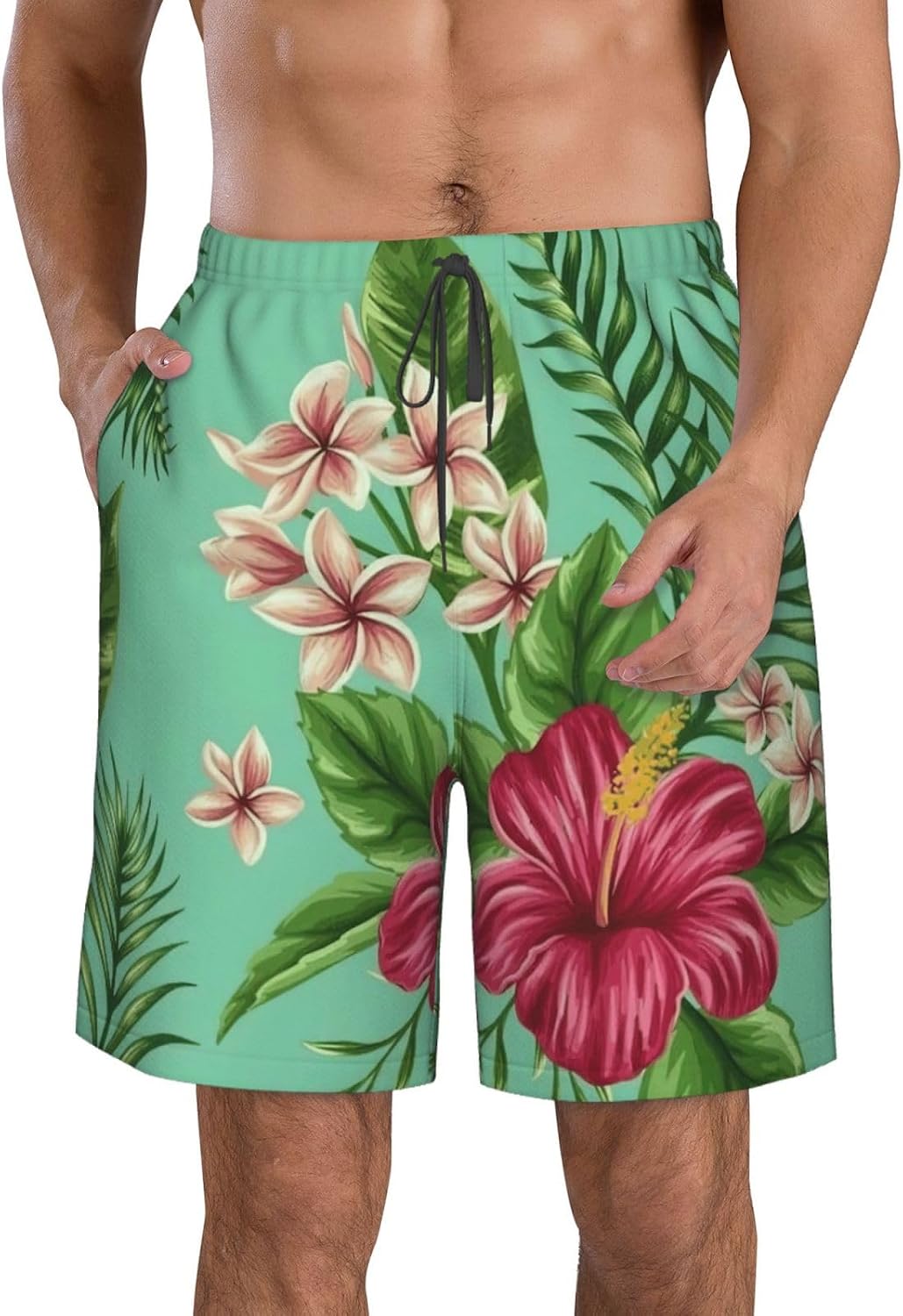 Hawaiian Tropical Leaves Flowers Print Mens Casual Shorts Drawstring Summer Beach Stretch Shorts Novelty Swimtrunks