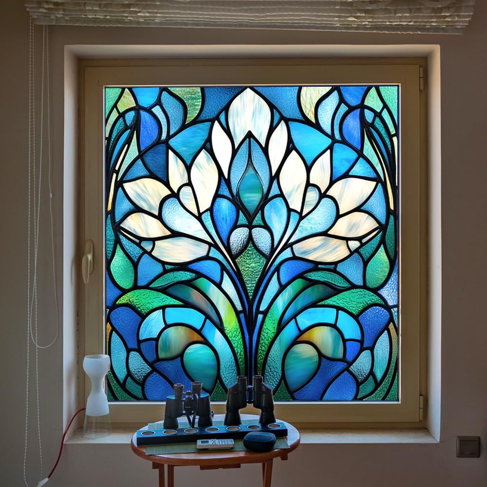 Alwayspon Non-Adhesive Stained Glass Rainbow Window Film, Art Nouveau Style Removable Vinyl Static Window Cling Privacy Stickers, Anti UV Heat Control Glass Film