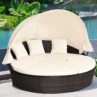 COSTWAY White Round Patio Daybed with Retractable Canopy, Modular Wicker Sectional Sofa, Cushioned Seats & Adjustable Table for Backyard Poolside