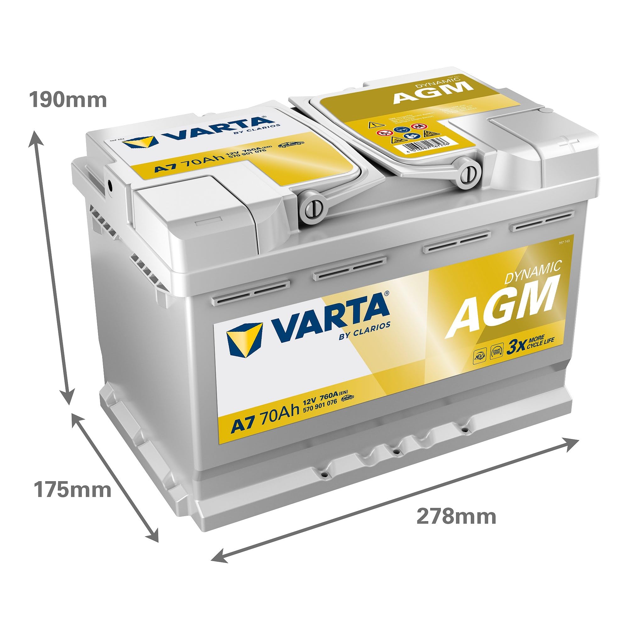 VARTA Batterie 70, Ah 760, A/EN 570901076K262 L 278mm B 175mm H 190mm