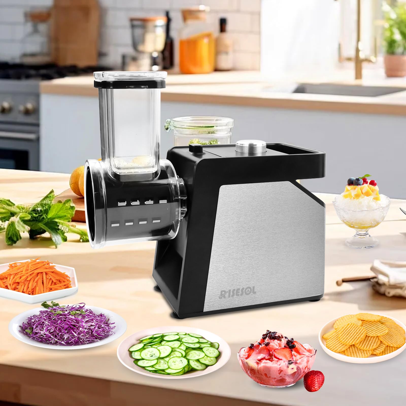 Cortador de Verduras Eléctrico 7 en 1 250W Acero Inoxidable Mandolina Multifuncional 220V Enchufe UE