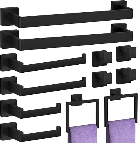 Juego de accesorios de baño de 12 piezas, color negro mate, juego de barra de toalla de baño resistente, incluye toallero de 16 pulgadas, soporte