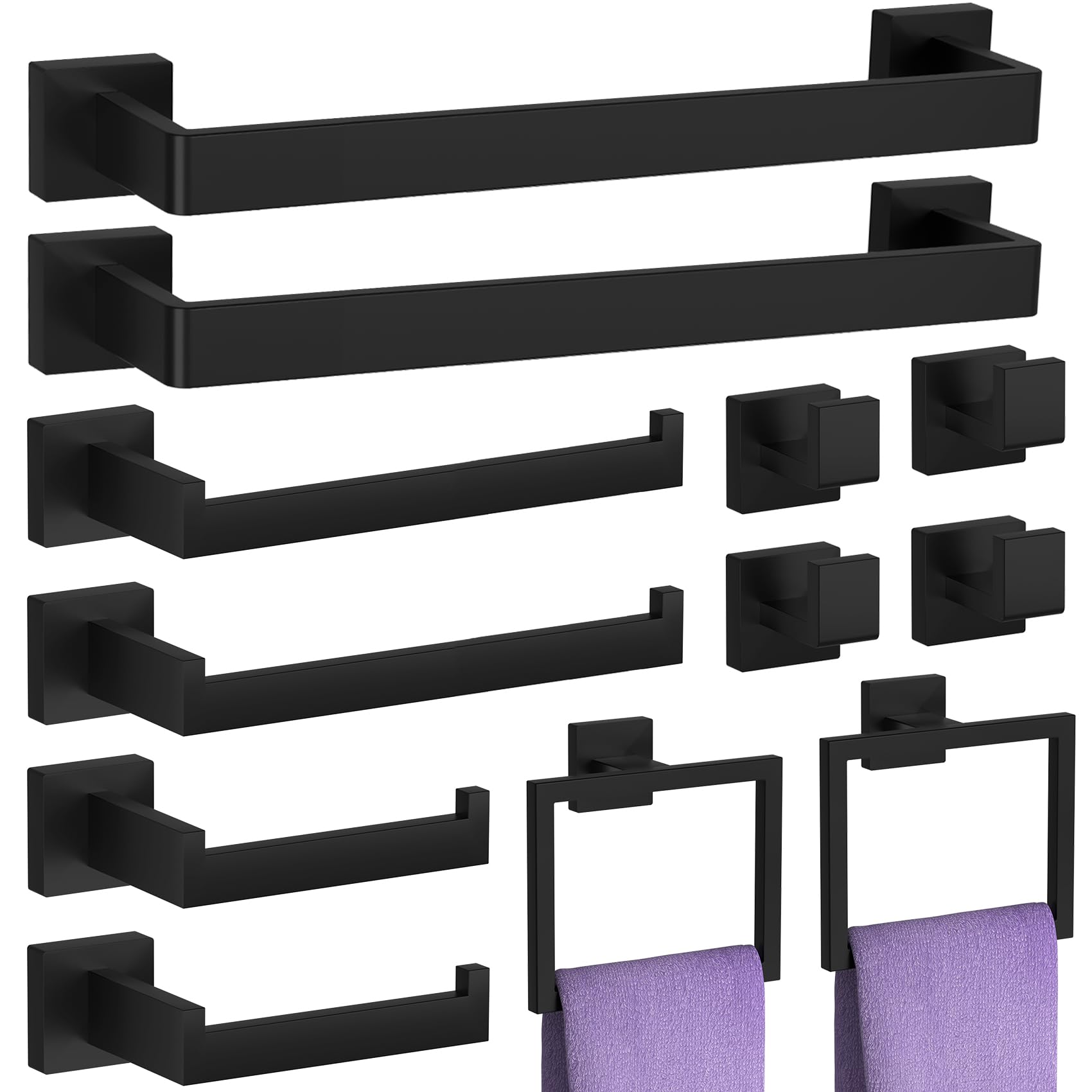 Foto de Juego de accesorios de baño de 12 piezas, color negro mate, juego de barra de toalla de baño resistente, incluye toallero de 16 pulgadas, soporte para toallas de mano, soporte para papel higiénico, (imagen 1)
