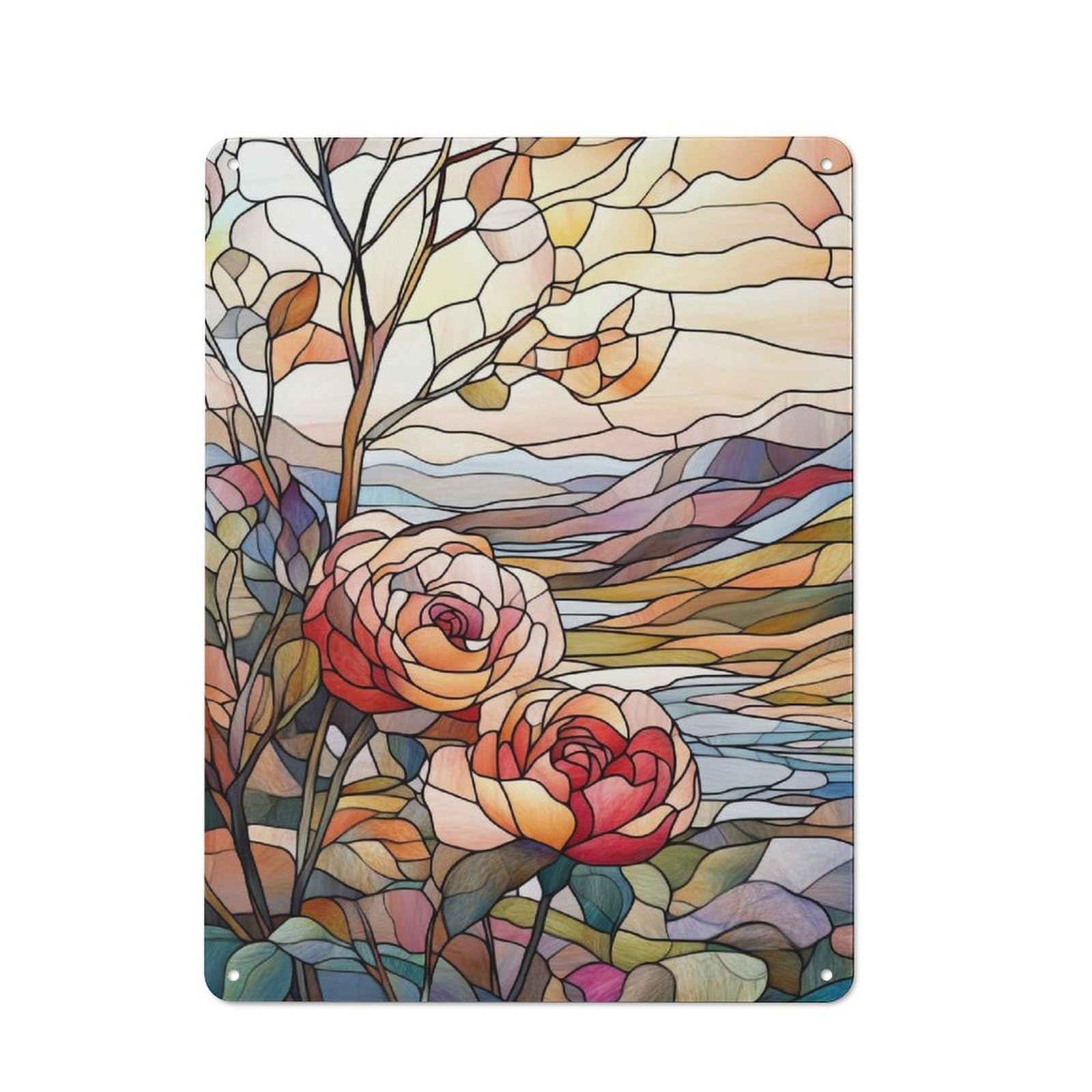 Junmoney Stained Glass Roses Metal Sign 40X30cm With For Hallway Wall, Rustic Decor, For Furnishing A New Hallway With Rustic Decor