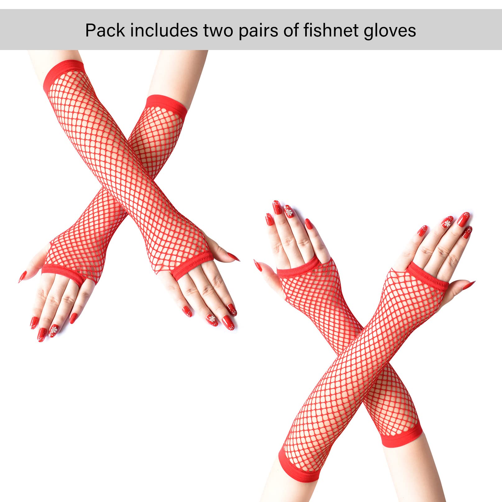 COSFAN 2 works Fingerless Fishnet Gloves 80s Gloves for Women Stretchable Mesh Gloves Nylon Hollow Glove for Dance Halloween Party (Red) - Image 2