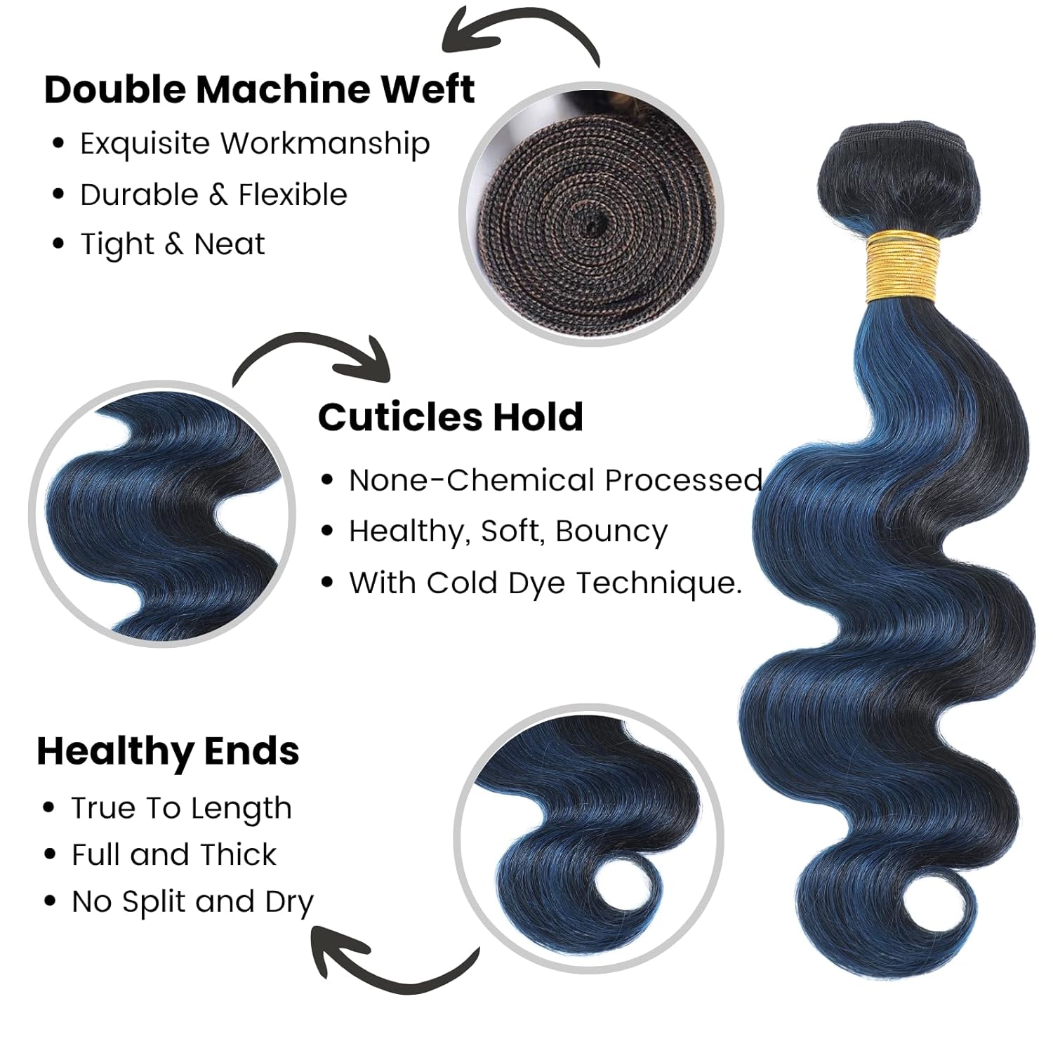 ALHER Black Mix Midnight Blue Highlight Bundle Human Hair Body Wave, 12A Soft Thick 3 Bundles Wavy Human Hair, 100% Remy Hair Balayage Two Tone Subtle Colored Double Weft (#1B/Blue, 12 14 16 IN)