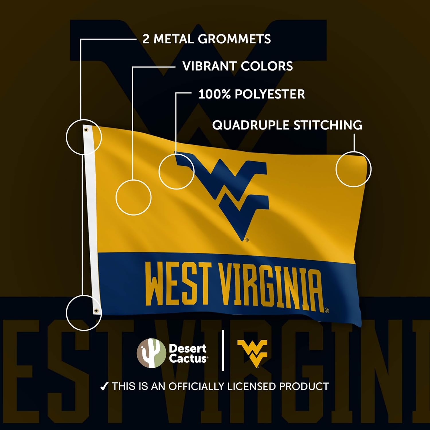 Desert Cactus West Virginia University WVU Flag - 3 x 5 Feet Mountaineers Banner, Indoor/Outdoor Durable Fabric, 100% Polyester Design (Style 8)