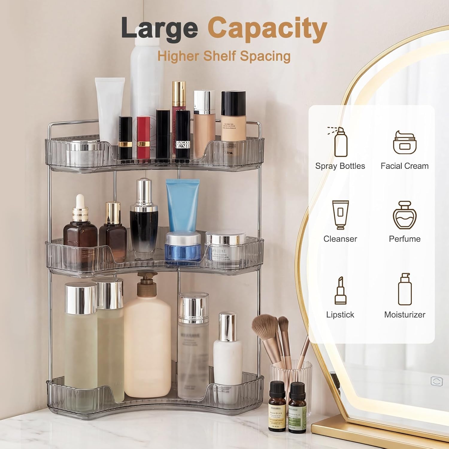 Corner Bathroom Counter Organizer, Vanity Organizer - Countertop Corner Shelf for Makeup Storage,Spice Racks for Kitchen Corner (Gray, 3-Tier)