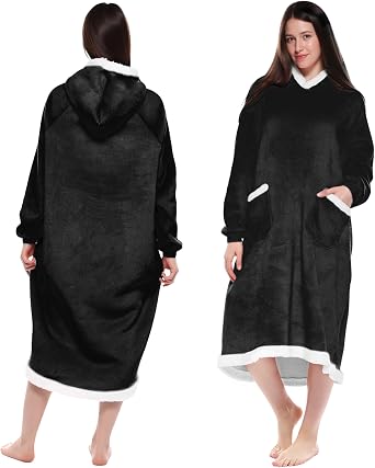 Hooded Blanket Wearable Super Soft Flannel & Sherpa, Oversized Fleece Hoodie Blanket, Cozy Wearable Blanket