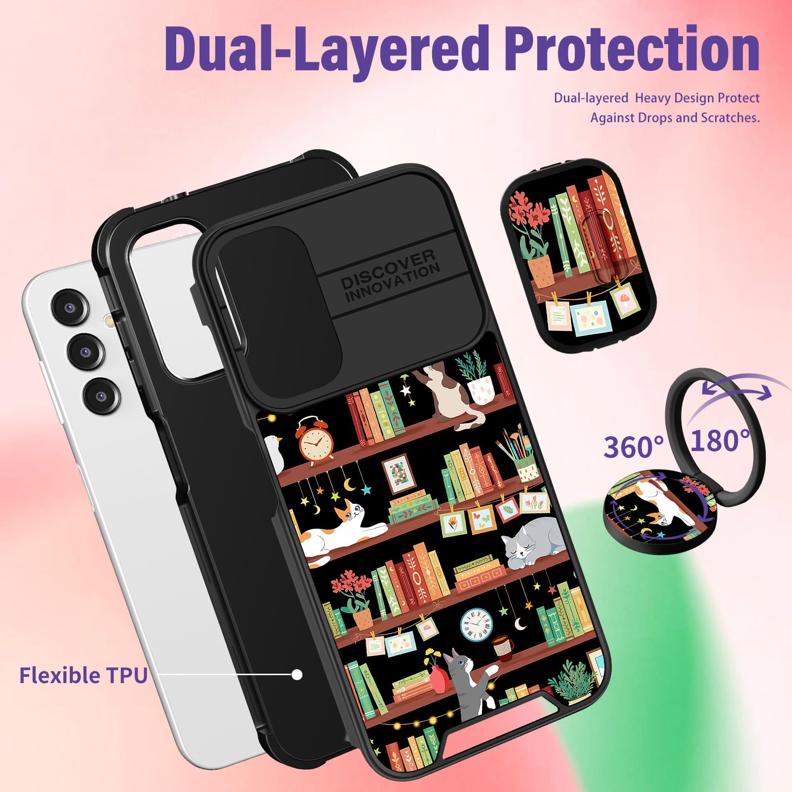 Funermei Custodia per Samsung Galaxy A14 5G - Cover per telefono carina per donne e ragazze, graziosa estetica con gatto, libreria, design unico con custodia per fotocamera e anello di supporto Funda