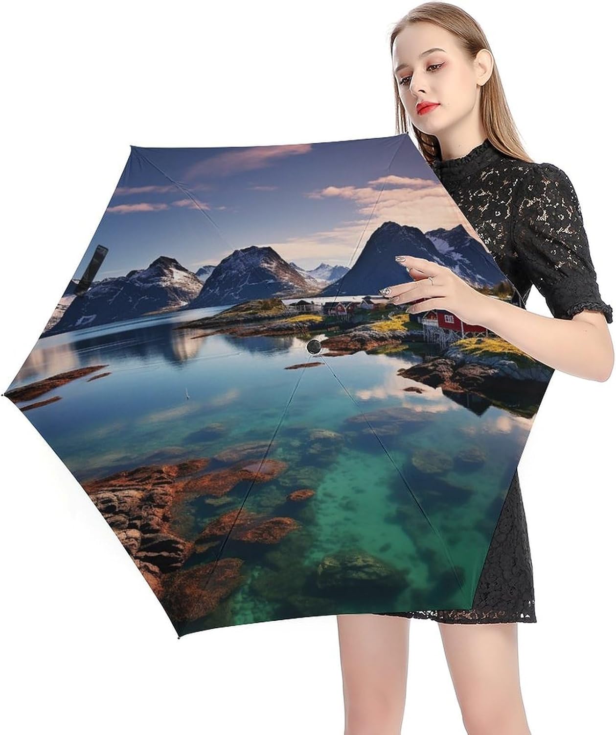 Norway Islands Printed Exterior 5 Fold Umbrella,Windproof Travel Umbrella for Sun Protection, Small Portable,Compact Umbrellas for Travel, Purse Or Backpack