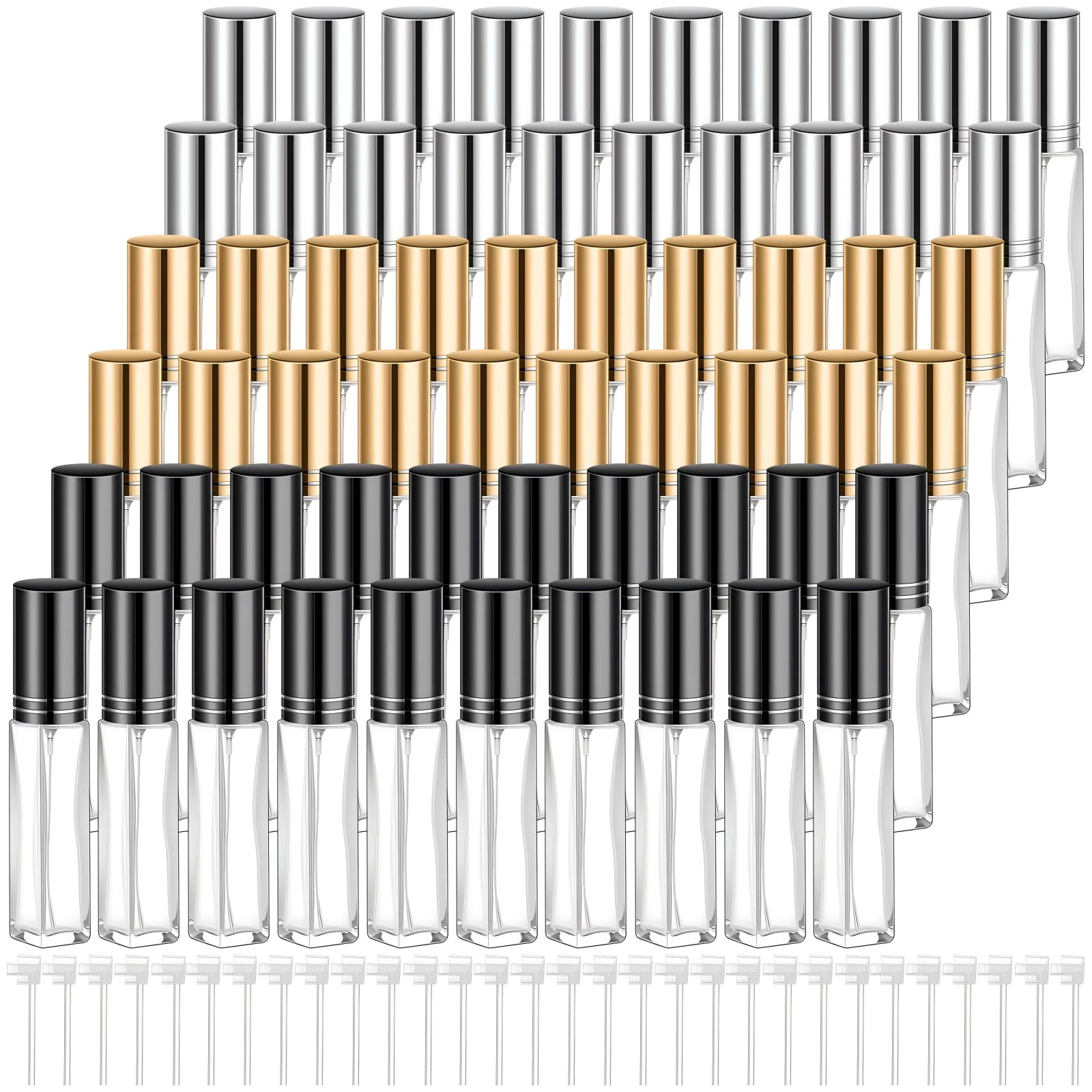 Domensi Glas-Parfüm-Reiseflaschen, nachfüllbar, Mini-Parfümflaschen, leer, kein Auslaufen, Reisegröße, Zerstäuber, Spray, transparent, Probenspender, Gold, Silber, Schwarz, 8 ml