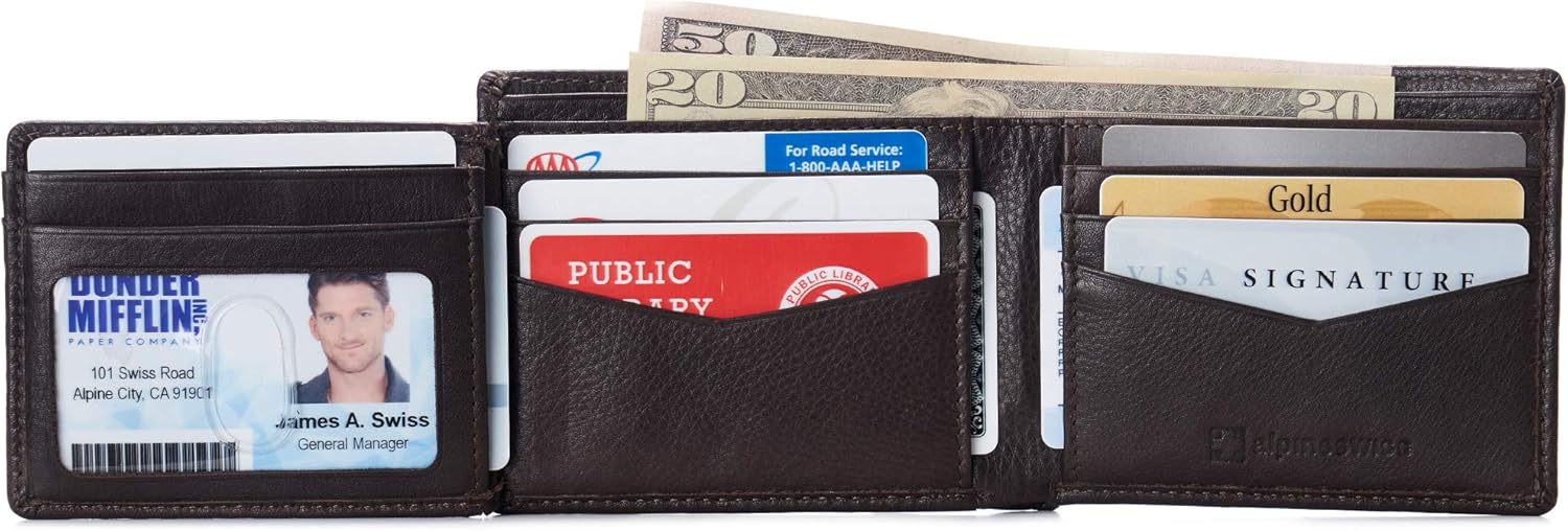 Alpine Swiss Mens Wallet for Men | RFID Protected Leather Mens Wallet | Spencer Bifold with Divided Bill Section | Gift Box | 2 ID Windows | 14 Card & Storage Pockets for Organization - Image 6