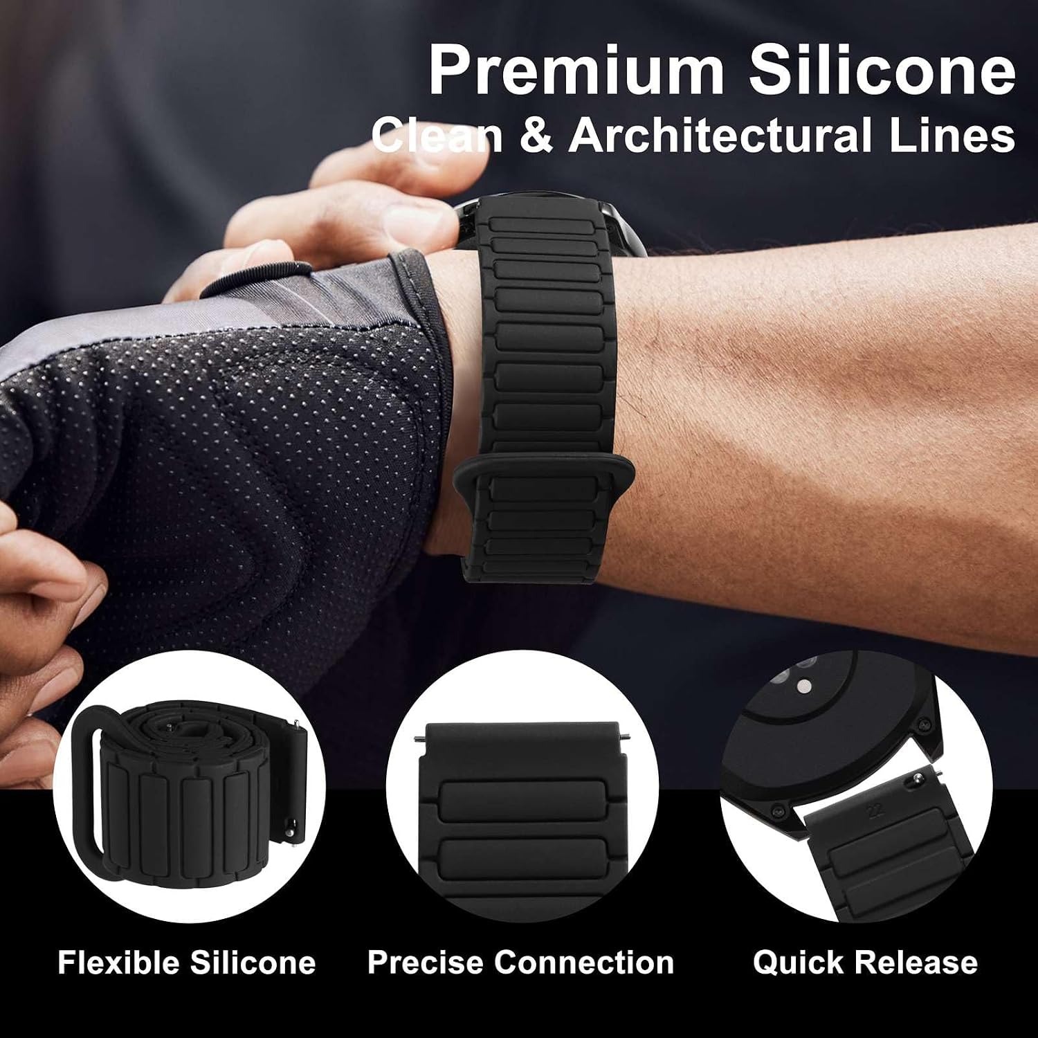 WOCCI Magnetic Silicone Watch Bands, Tactile Ridged Texture, Quick Release, Compatible Watch Lug 20mm 22mm
