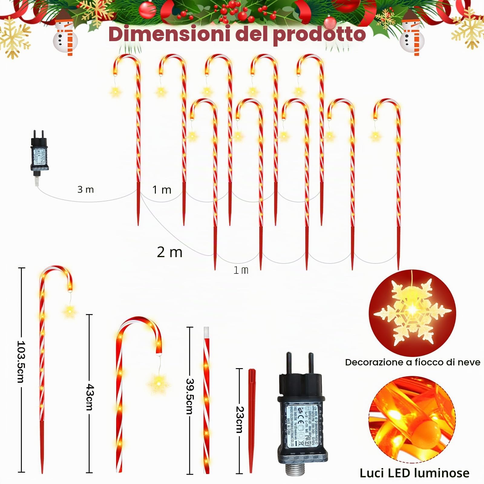 HELESIN Catena luminosa con bastoncini di zucchero, 10 pezzi, design rialzato, bastoncini di zucchero a LED, per esterni, 110 LED, 12 modalità, bastoncini di zucchero illuminati, impermeabili, fiocchi