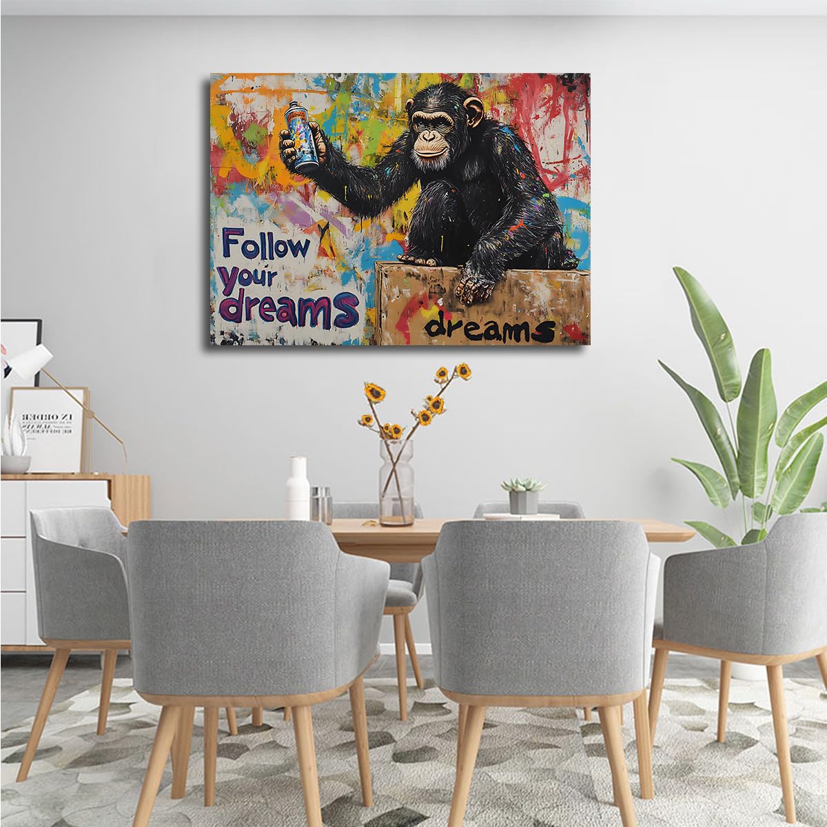 YUNART Graffiti Street Art Wall Art Na Płótnie Urban Pop Śmieszne zdjęcie Goryl Galeria Oprawiona Małpa Dekoracja ścienna Zdjęcia do biura Dekoracja wnętrz 65 x 100 cm
