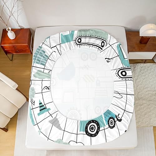 Miniatura 6 de Feelyou Juego de sábanas de construcción para niñas y niños, tamaño individual, diseño de dibujos animados, excavadora, tractor, sábanas con