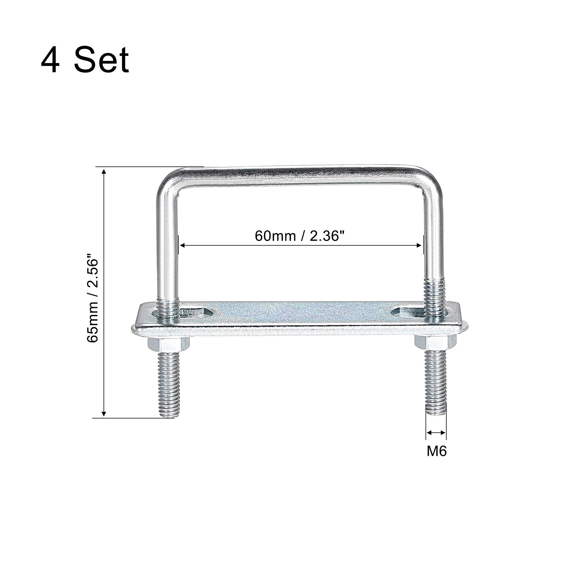 sourcing map Lot de 4 boulons en U carrés de 60 mm de largeur intérieure en acier au carbone M6 avec écrous, plaque de cadre, rondelles rondes